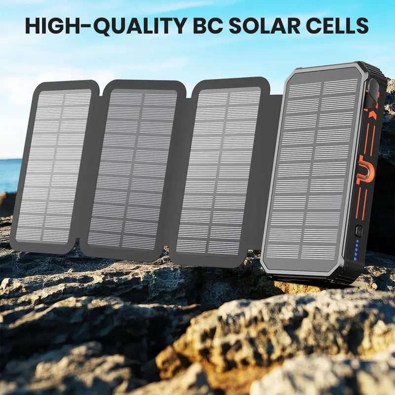 High-Capacity Solar Charger Power Bank, 6W Fast Charging, 4 Built-in Cables & 7 Outputs