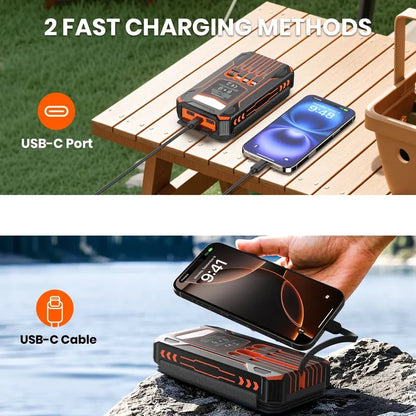 High-Capacity Solar Charger Power Bank, 6W Fast Charging, 4 Built-in Cables & 7 Outputs