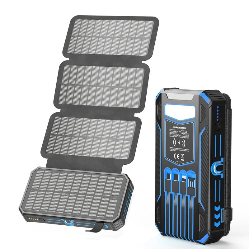 High-Capacity Solar Charger Power Bank, 6W Fast Charging, 4 Built-in Cables & 7 Outputs
