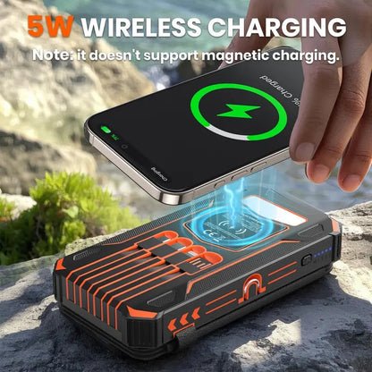 High-Capacity Solar Charger Power Bank, 6W Fast Charging, 4 Built-in Cables & 7 Outputs